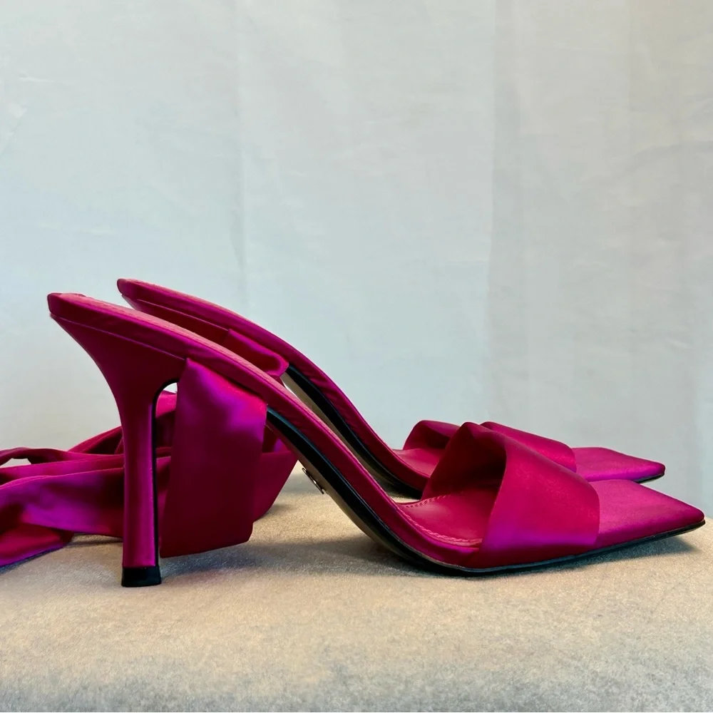 Zara fuchsia hot pink satin ankle-tie heeled sandals square toe Sz 40 open toe - Picture 5 of 9